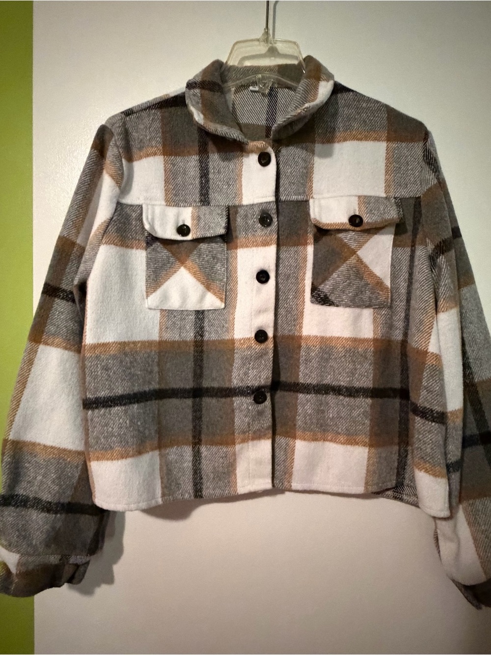 Cropped Plaid Shacket Jacket - White, Gray & Brown
